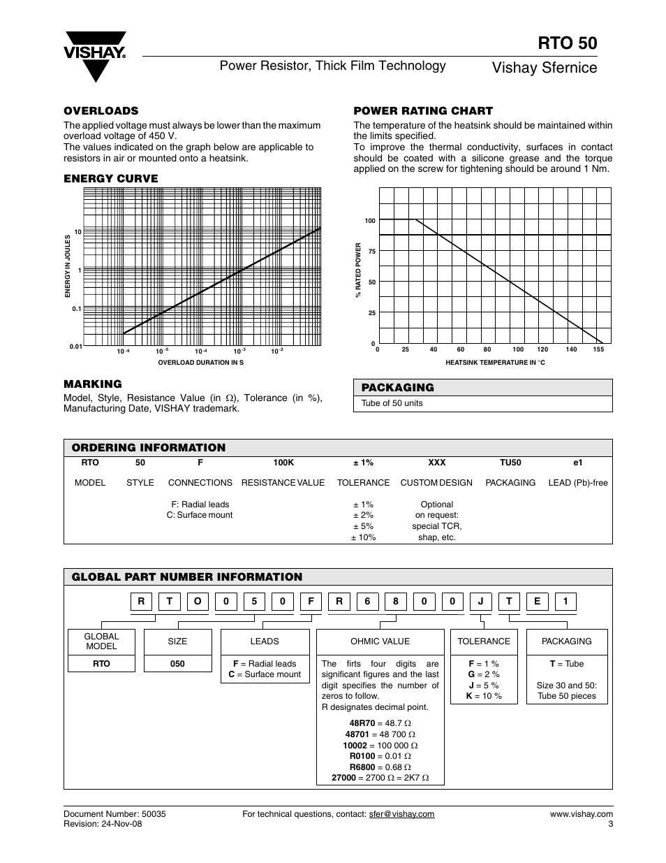 Rto 50, Vishay sfernice, Power resistor, thick film technology | C&H Technology RTO50 User Manual | Page 4 / 5
