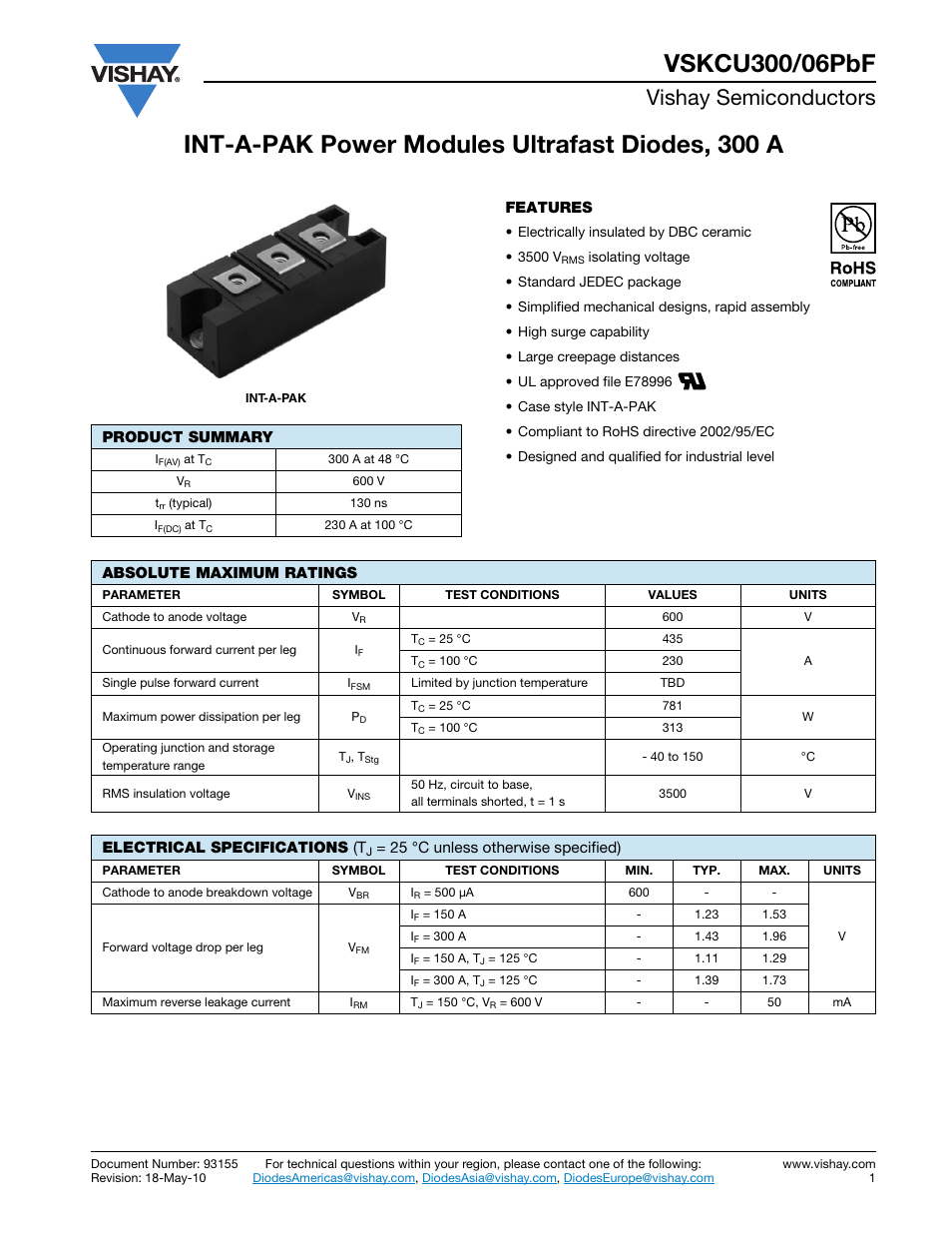 Datasheet, Vishay semiconductors | C&H Technology VSKCU300-06PbF User Manual | Page 2 / 8