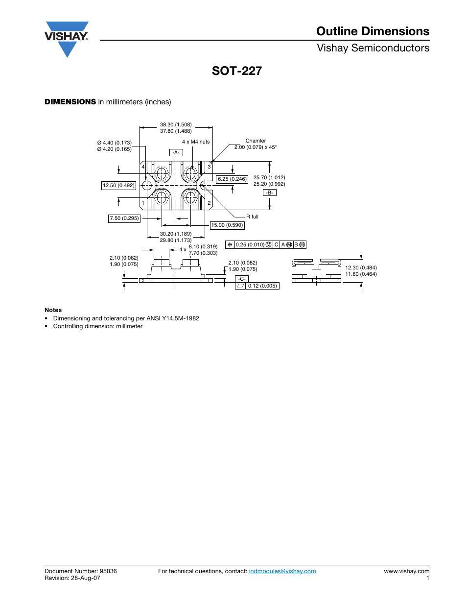 Sot-227 outline dimensions, Vishay semiconductors, Dimensions in millimeters (inches) | C&H Technology GT100DA60U User Manual | Page 10 / 11