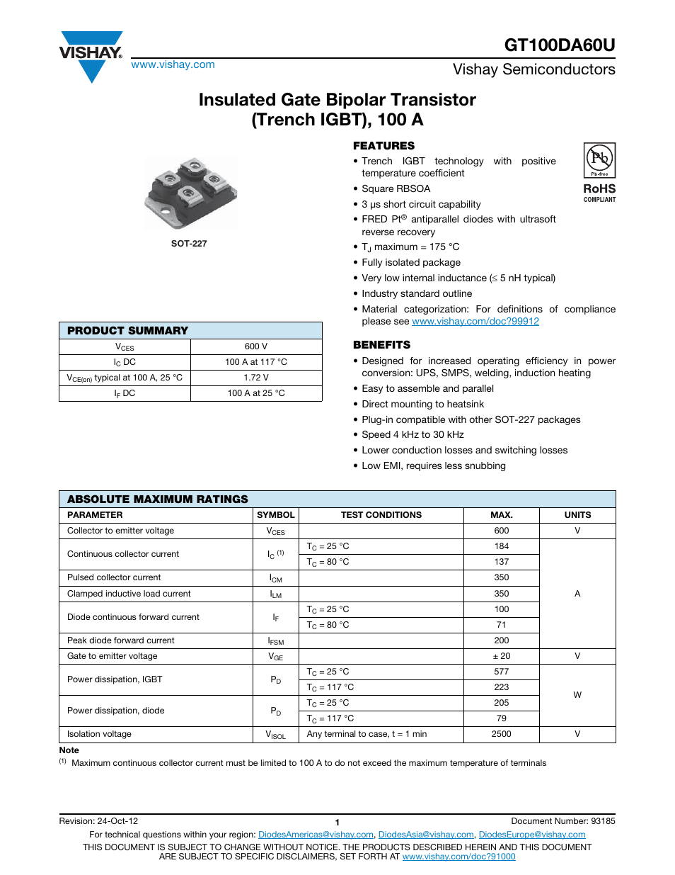 Vishay semiconductors | C&H Technology GT100DA60U User Manual | Page 2 / 11