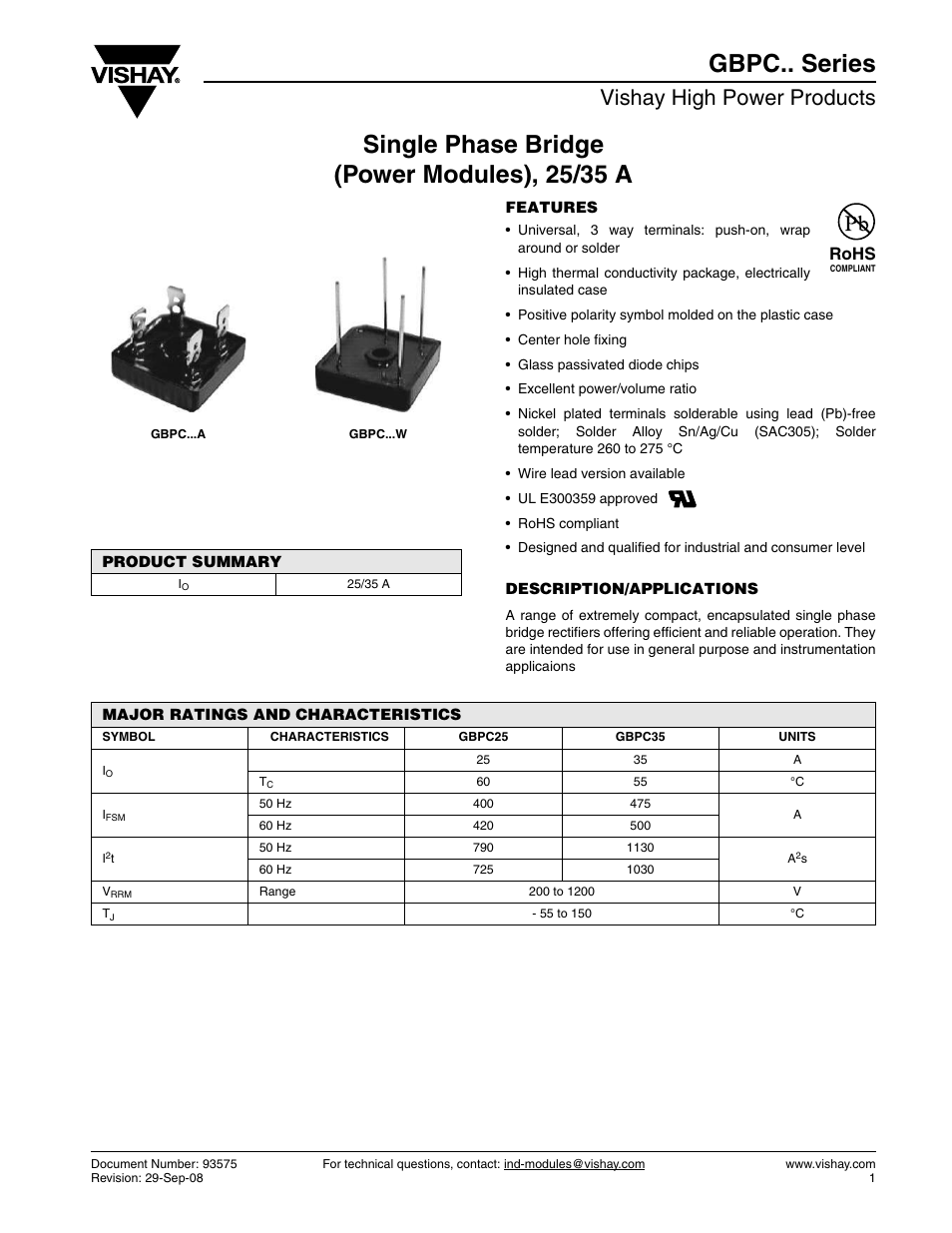 Main datasheet, Vishay high power products, Rohs | C&H Technology GBPC35 Series User Manual | Page 2 / 9