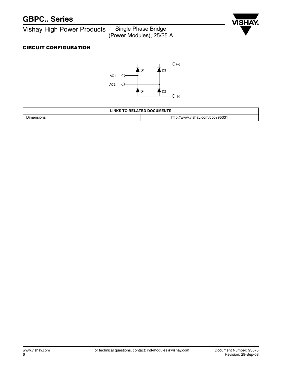 Gbpc.. series, Vishay high power products, Single phase bridge (power modules), 25/35 a | C&H Technology GBPC35 Series User Manual | Page 7 / 9