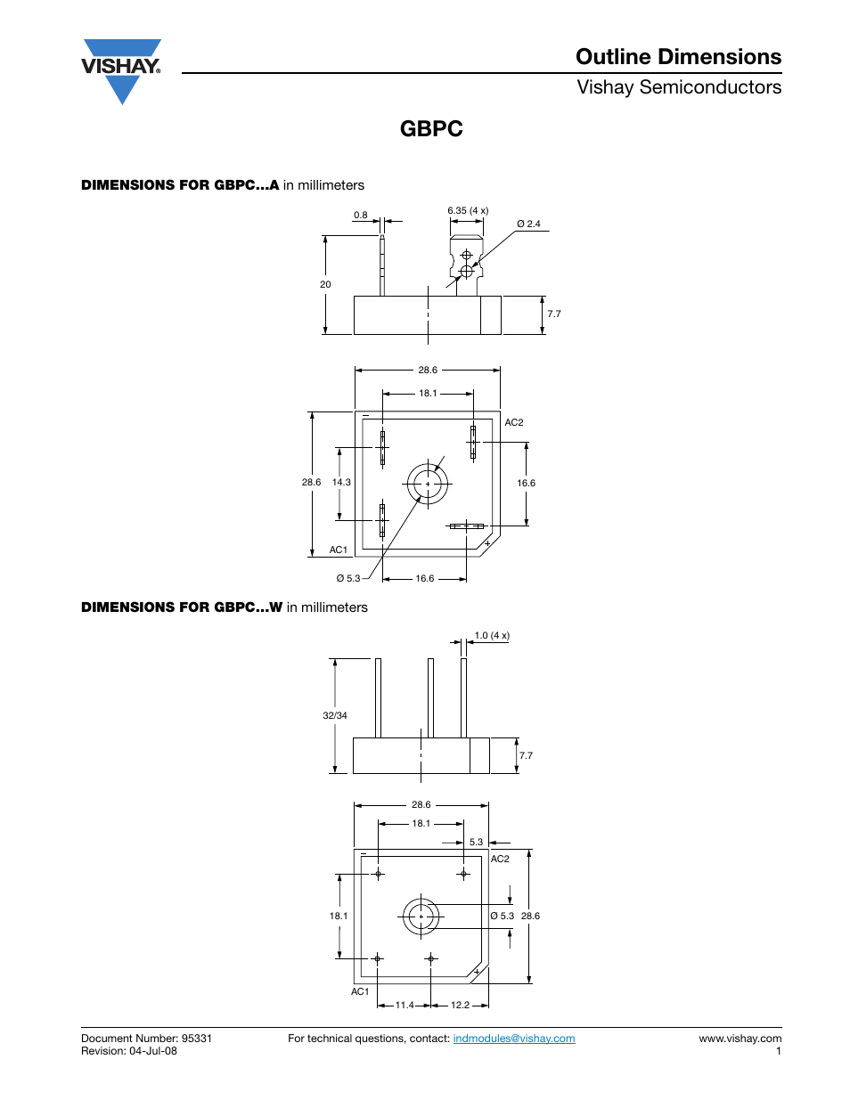 Package drawing - 95331, Gbpc outline dimensions, Vishay semiconductors | C&H Technology GBPC35 Series User Manual | Page 9 / 9