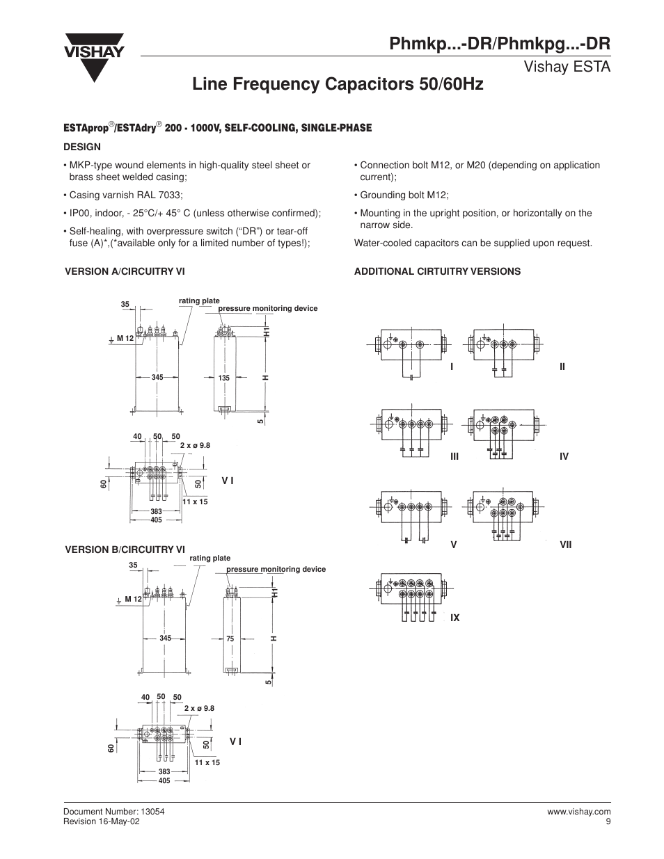 Phmkp...-dr/phmkpg...-dr, Line frequency capacitors 50/60hz, Vishay esta | C&H Technology Phmkpg...-DR User Manual | Page 2 / 3