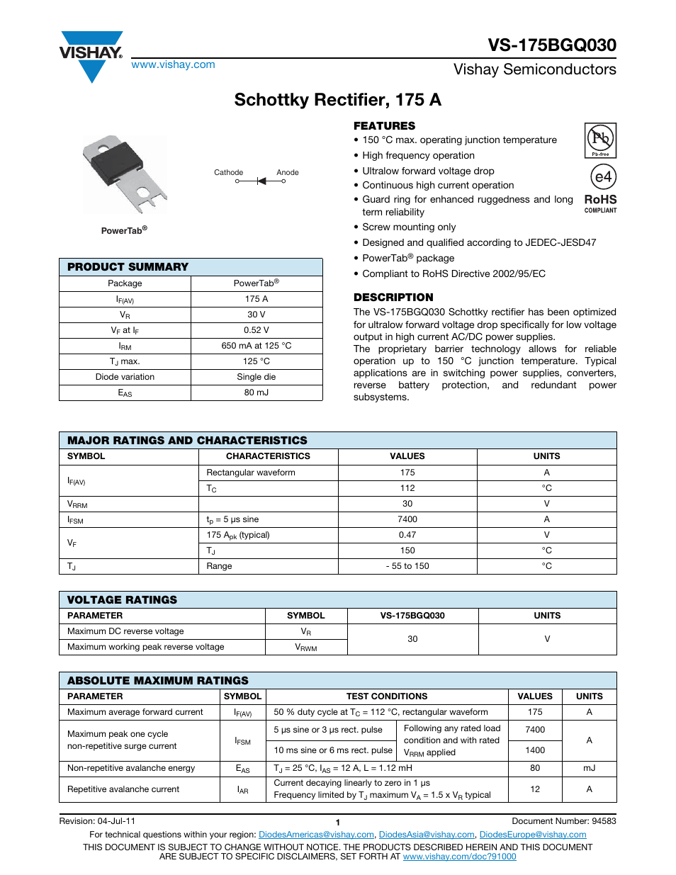 Datasheet, Schottky rectifier, 175 a, Vishay semiconductors | C&H Technology VS-175BGQ030 User Manual | Page 2 / 8