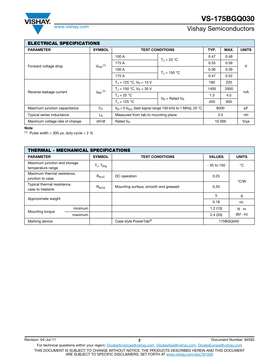 Vishay semiconductors | C&H Technology VS-175BGQ030 User Manual | Page 3 / 8