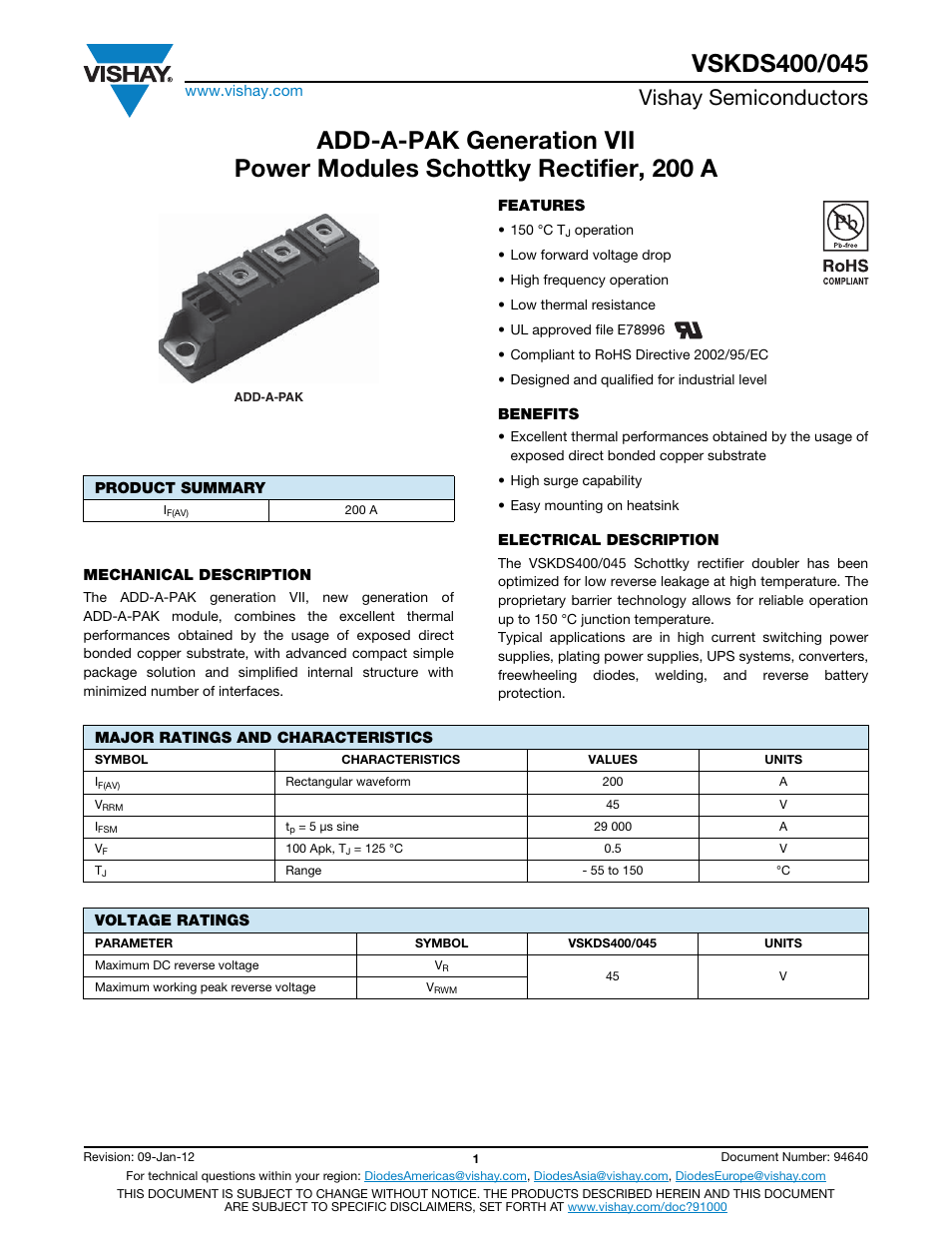 Datasheet, Vishay semiconductors | C&H Technology VSKDS400-045 User Manual | Page 2 / 10