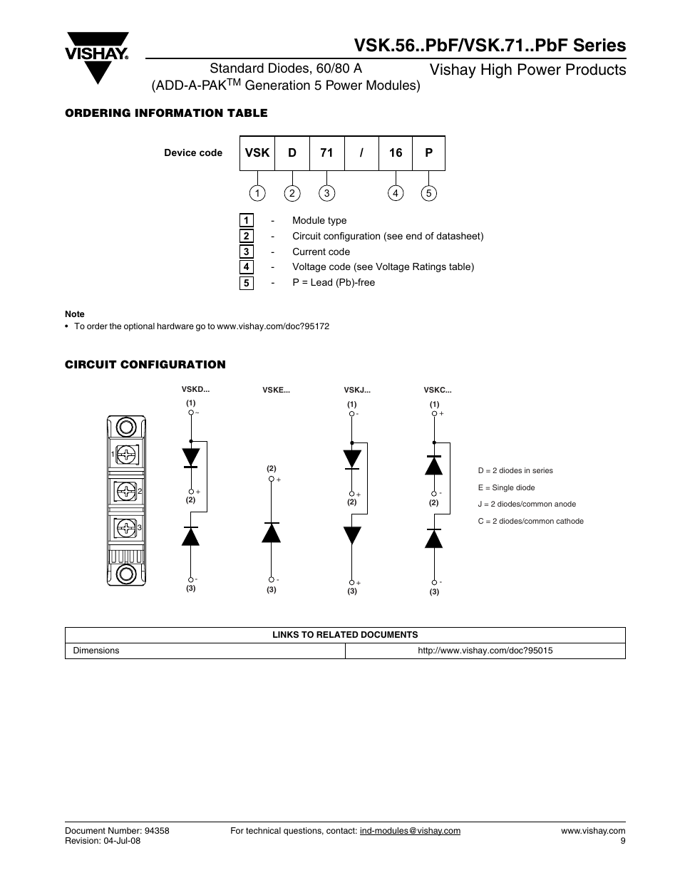 Vsk.56..pbf/vsk.71..pbf series, Vishay high power products, Standard diodes, 60/80 a (add-a-pak | Generation 5 power modules) | C&H Technology VSK.56..PbF-VSK.71..PbF Series User Manual | Page 10 / 10