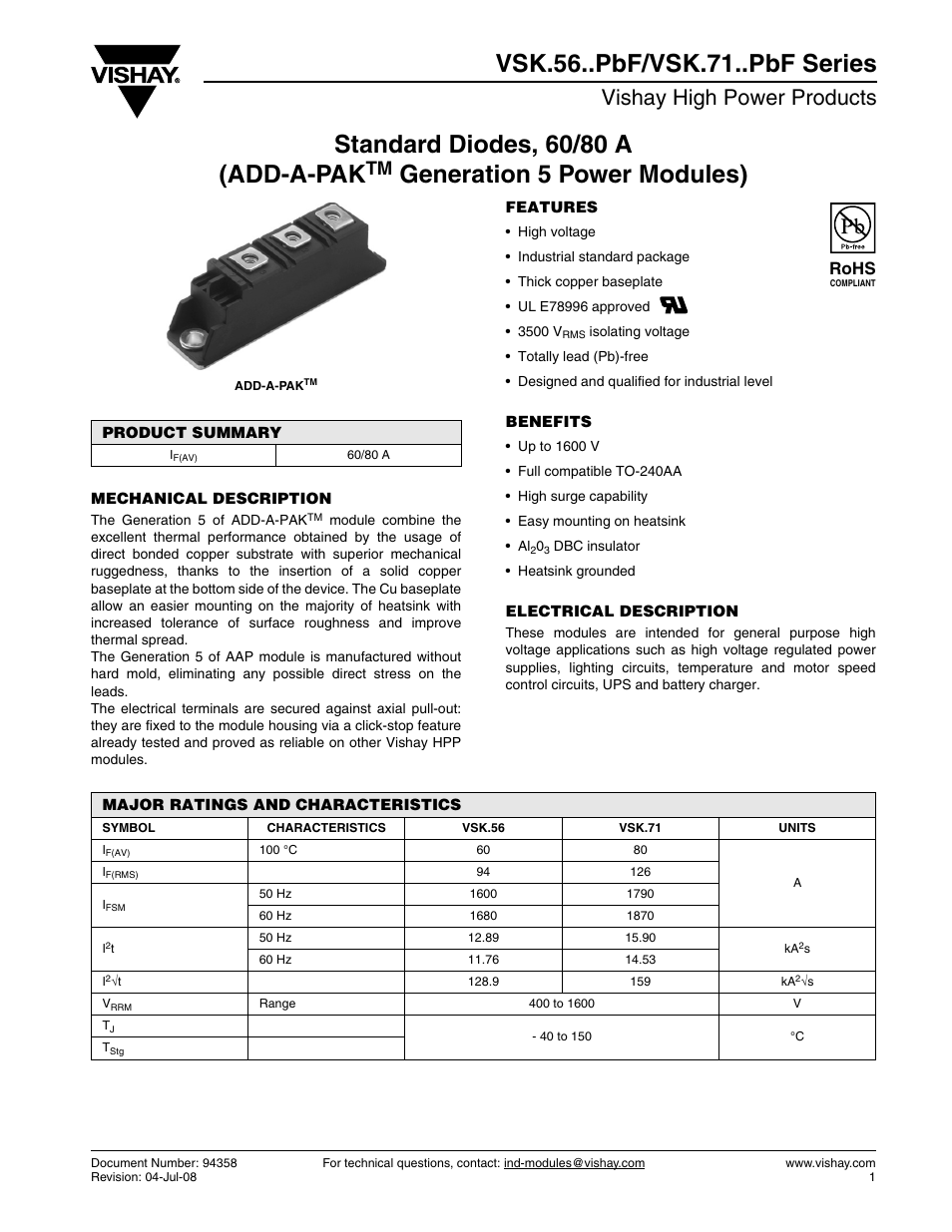 Standard diodes, 60/80 a (add-a-pak, Vishay high power products, Rohs | C&H Technology VSK.56..PbF-VSK.71..PbF Series User Manual | Page 2 / 10