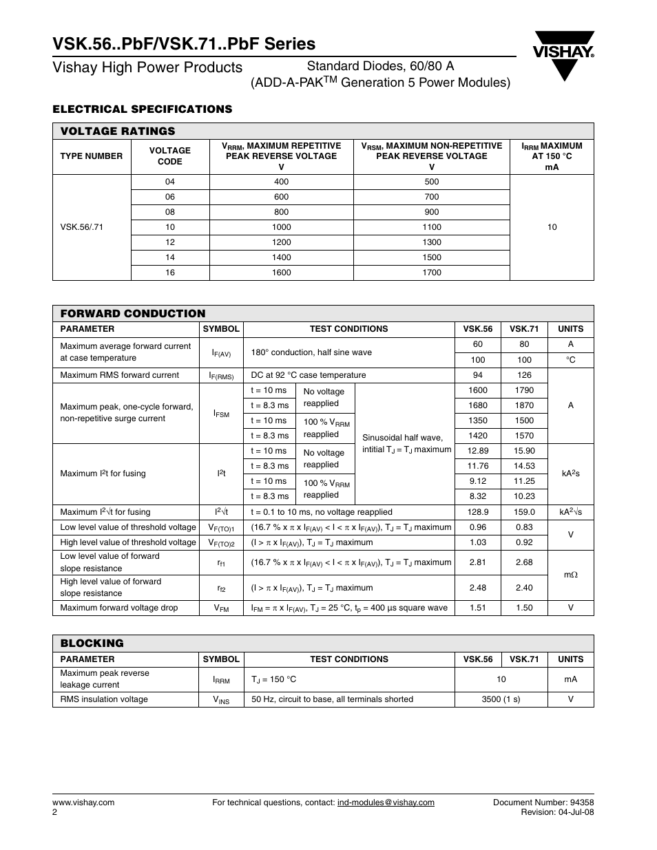 Vsk.56..pbf/vsk.71..pbf series, Vishay high power products, Standard diodes, 60/80 a (add-a-pak | Generation 5 power modules) | C&H Technology VSK.56..PbF-VSK.71..PbF Series User Manual | Page 3 / 10
