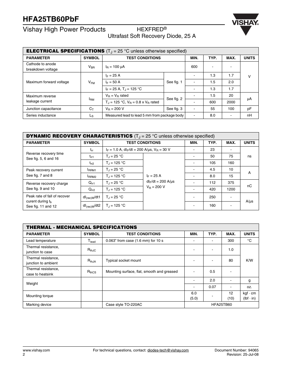 Hfa25tb60pbf, Vishay high power products, Hexfred | Ultrafast soft recovery diode, 25 a | Vishay HFA25TB60PbF User Manual | Page 2 / 6