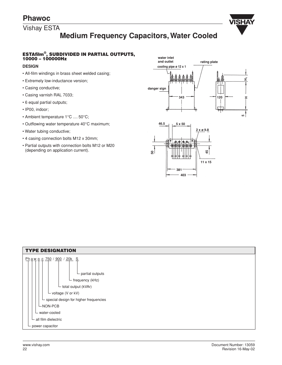 Phawoc, Medium frequency capacitors, water cooled, Vishay esta | C&H Technology Phawoc User Manual | Page 2 / 3