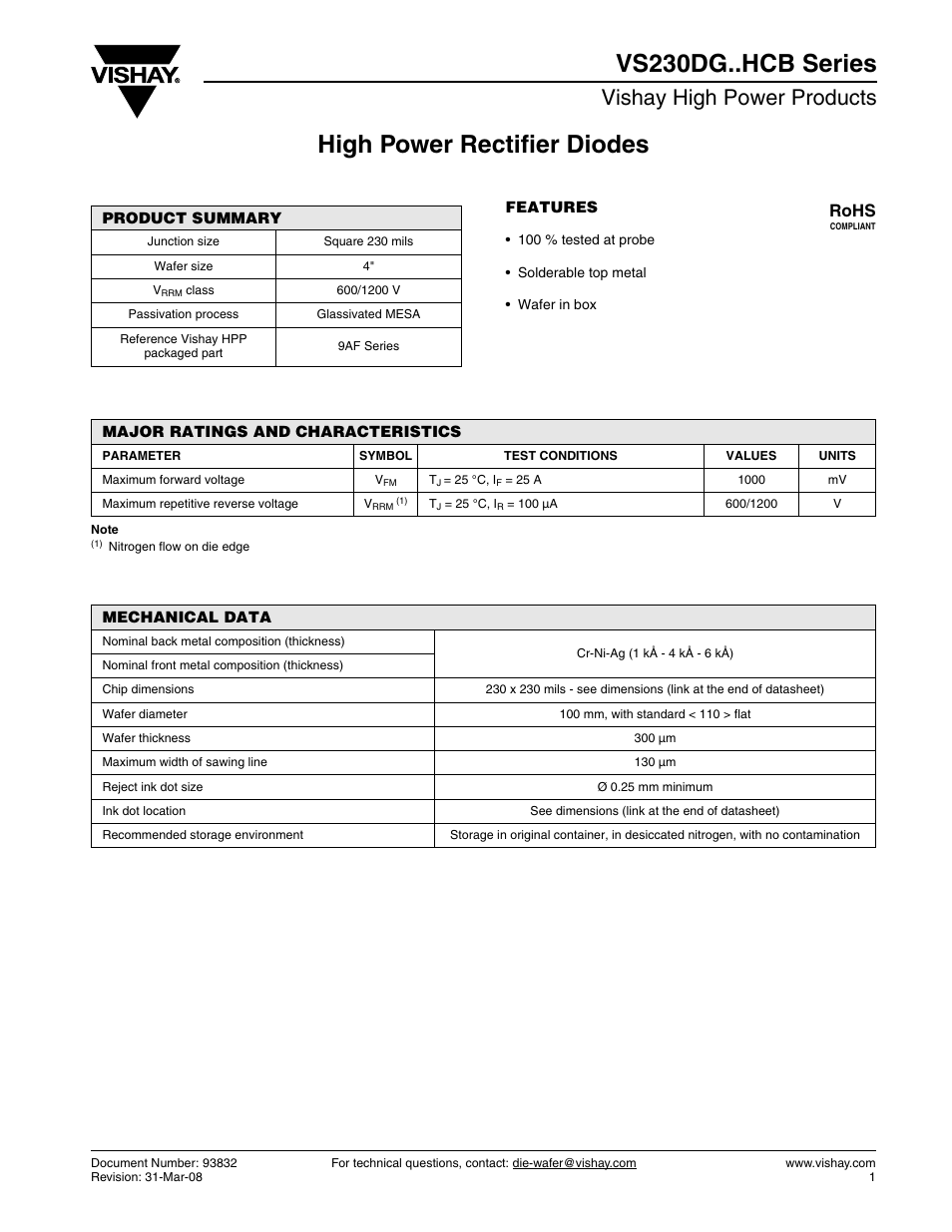 High power rectifier diodes vs230dg..hcb series, Vishay high power products, Rohs | C&H Technology VS230DG..HCB Series User Manual | Page 2 / 3