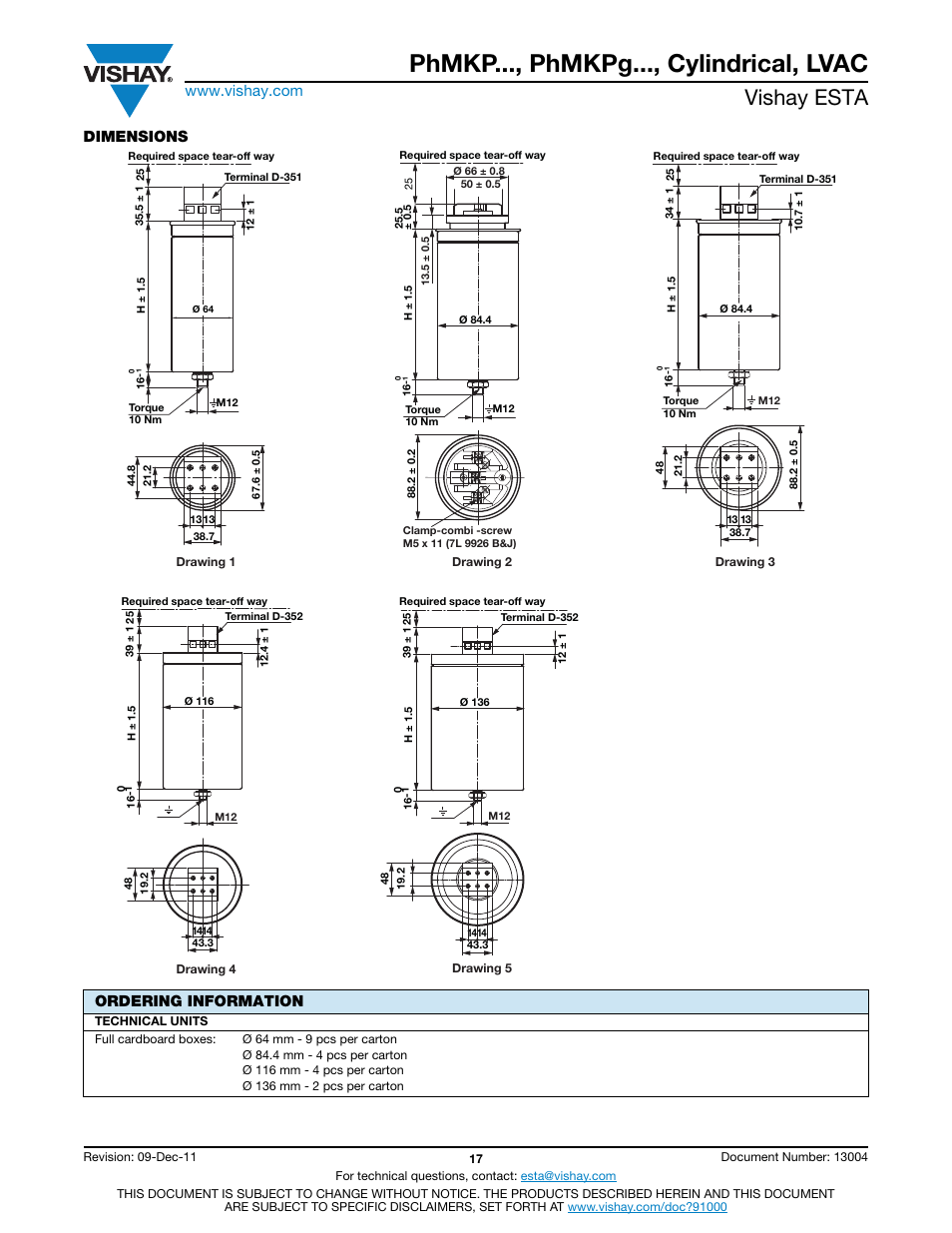 Phmkp..., phmkpg..., cylindrical, lvac, Vishay esta, Dimensions | Ordering information | C&H Technology LVAC User Manual | Page 18 / 19