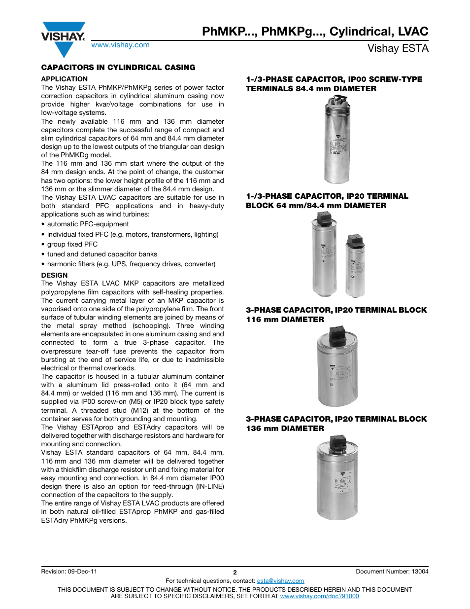 Phmkp..., phmkpg..., cylindrical, lvac, Vishay esta | C&H Technology LVAC User Manual | Page 3 / 19