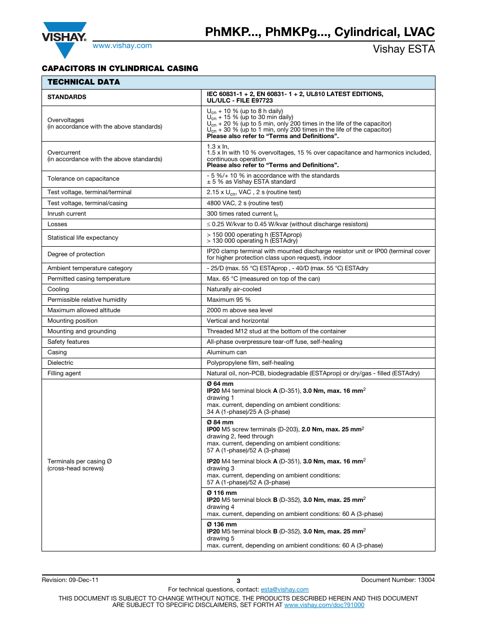 Phmkp..., phmkpg..., cylindrical, lvac, Vishay esta | C&H Technology LVAC User Manual | Page 4 / 19