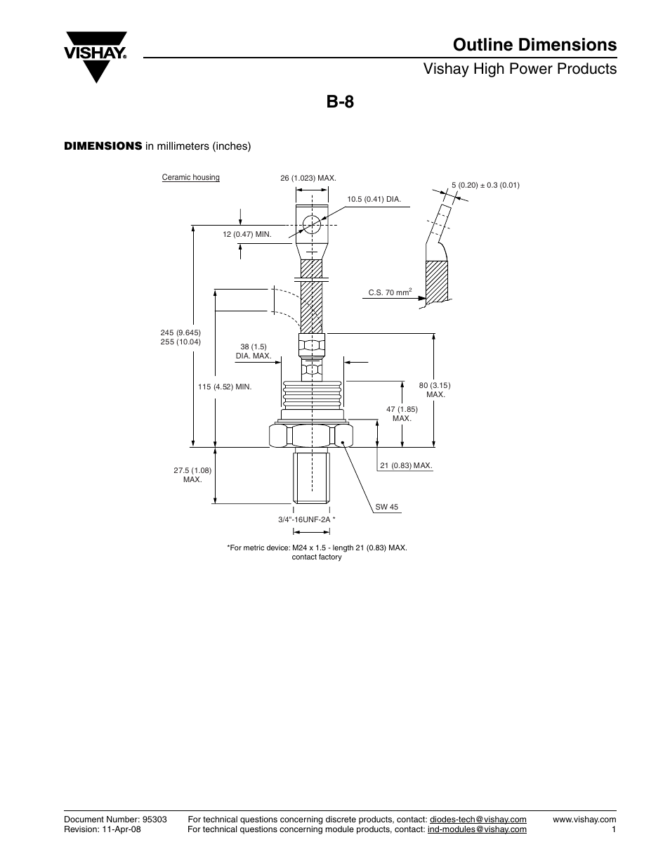 B-8 outline dimensions, Vishay high power products | C&H Technology SD600N-R Series User Manual | Page 9 / 9