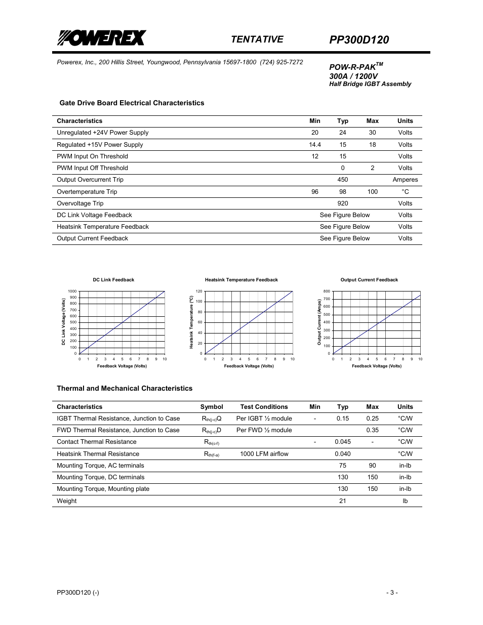 Tentative, Pow-r-pak, Gate drive board electrical characteristics | Thermal and mechanical characteristics | C&H Technology PP300D120 User Manual | Page 4 / 8
