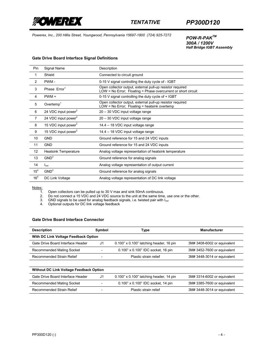 Gate drive board interface signal definitions, With dc link voltage feedback option, Without dc link voltage feedback option | Tentative | C&H Technology PP300D120 User Manual | Page 5 / 8