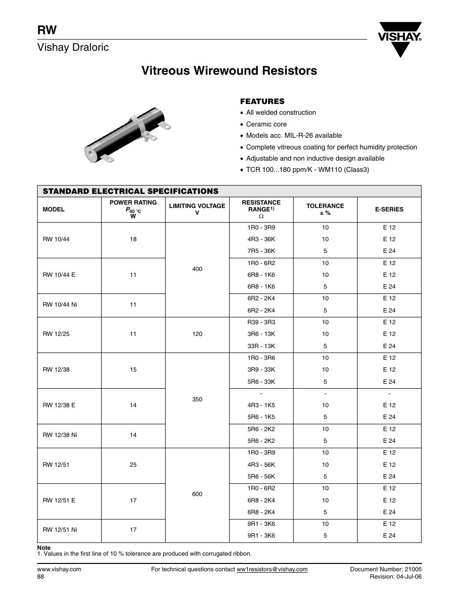 Vitreous wirewound resistors rw, Vishay draloric | C&H Technology RW User Manual | Page 2 / 7