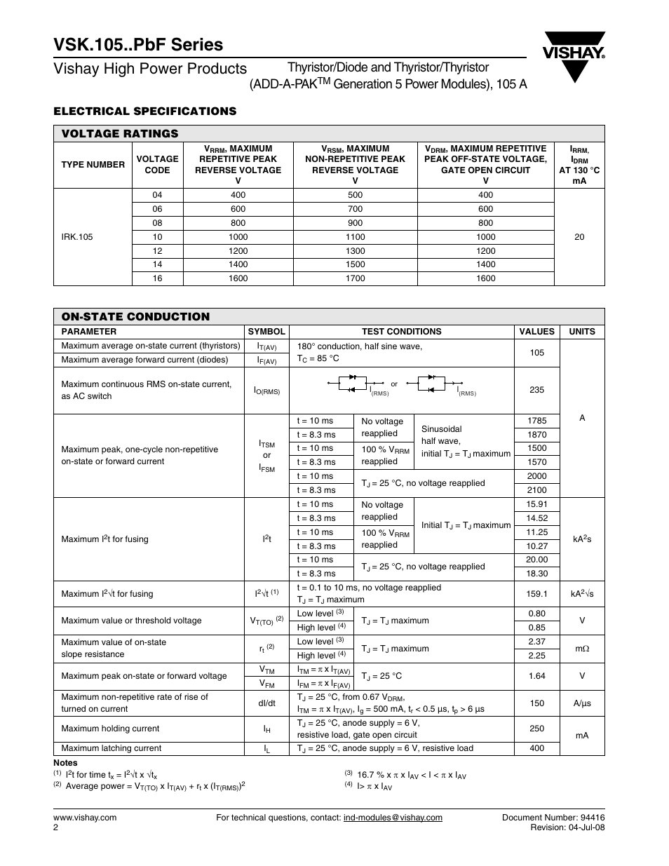 Vsk.105..pbf series, Vishay high power products, Thyristor/diode and thyristor/thyristor (add-a-pak | Generation 5 power modules), 105 a, Electrical specifications, Voltage ratings, On-state conduction | C&H Technology VSK.105..PbF Series User Manual | Page 3 / 10