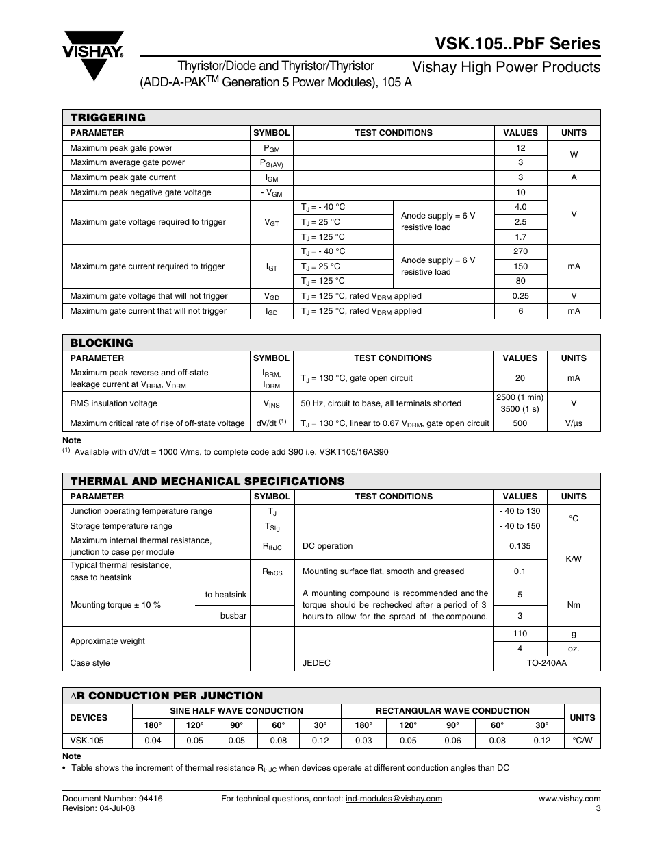Vsk.105..pbf series, Vishay high power products, Thyristor/diode and thyristor/thyristor (add-a-pak | Generation 5 power modules), 105 a | C&H Technology VSK.105..PbF Series User Manual | Page 4 / 10