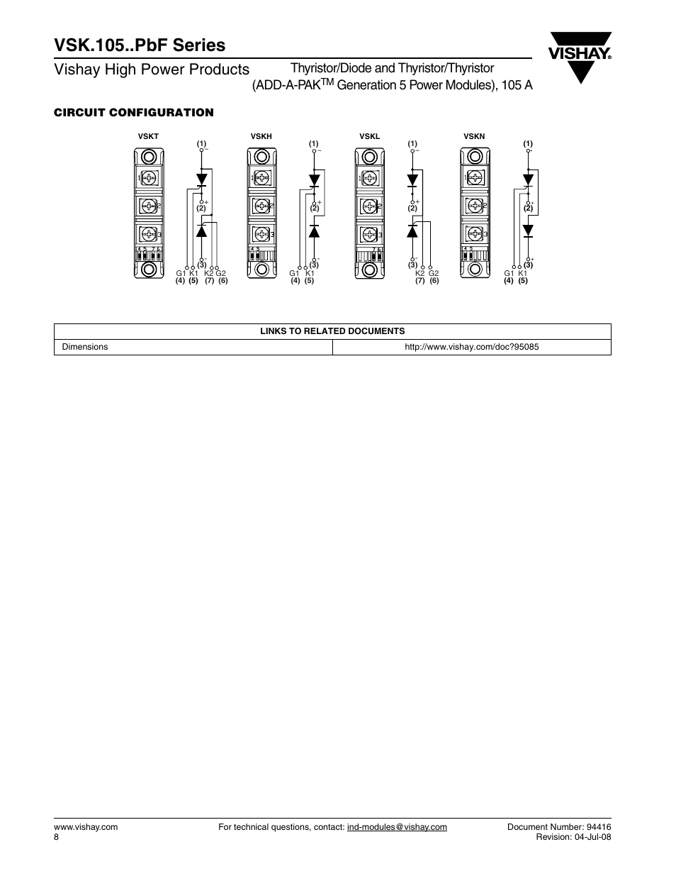 Vsk.105..pbf series, Vishay high power products, Thyristor/diode and thyristor/thyristor (add-a-pak | Generation 5 power modules), 105 a, Circuit configuration | C&H Technology VSK.105..PbF Series User Manual | Page 9 / 10