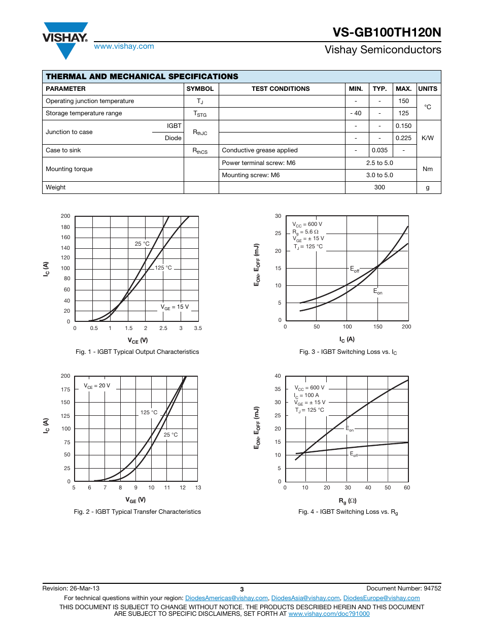 Vishay semiconductors, Thermal and mechanical specifications | C&H Technology VS-GB100TH120N User Manual | Page 4 / 7