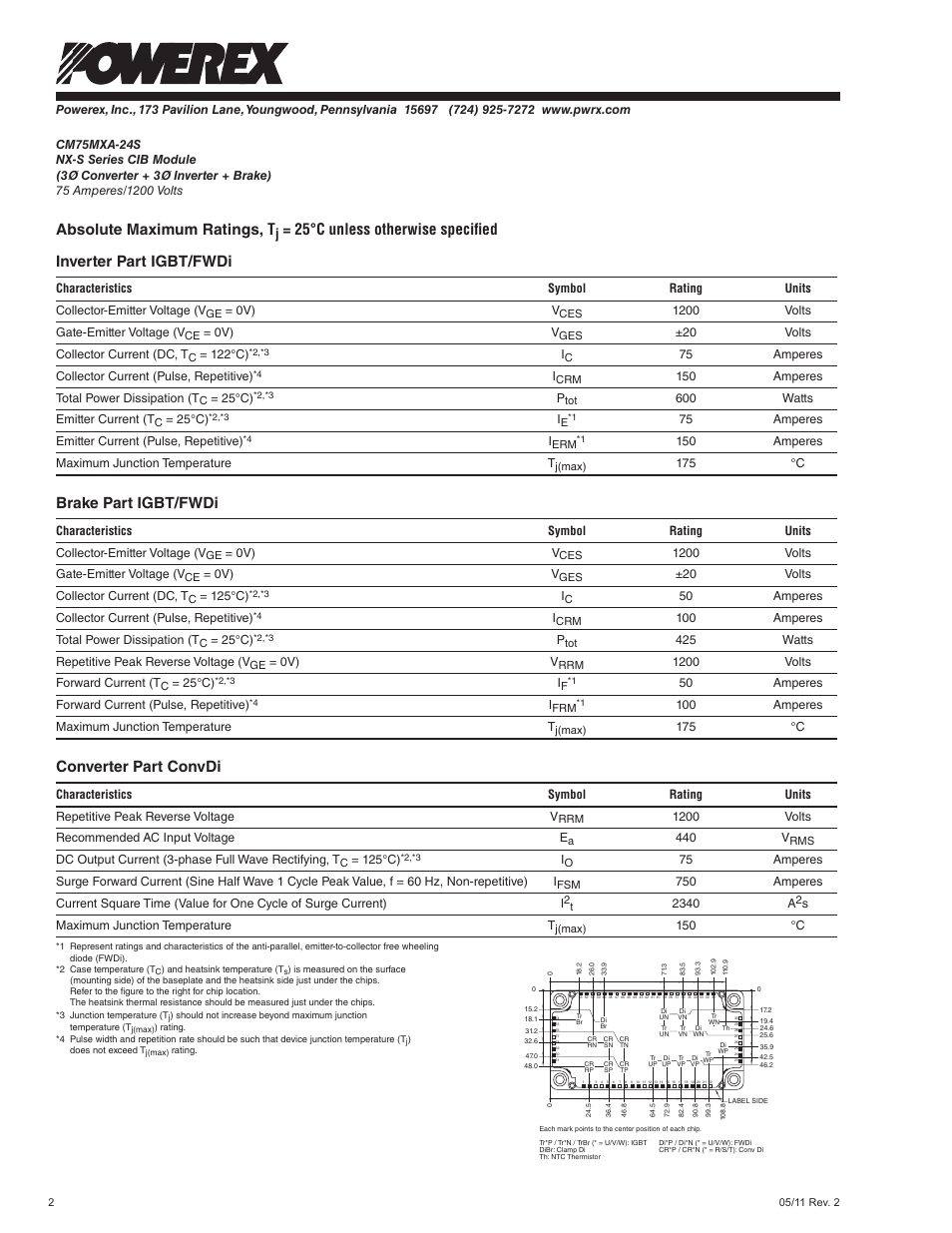 Absolute maximum ratings, t, Brake part igbt/fwdi, Converter part convdi | C&H Technology CM75MXA-24S User Manual | Page 4 / 8