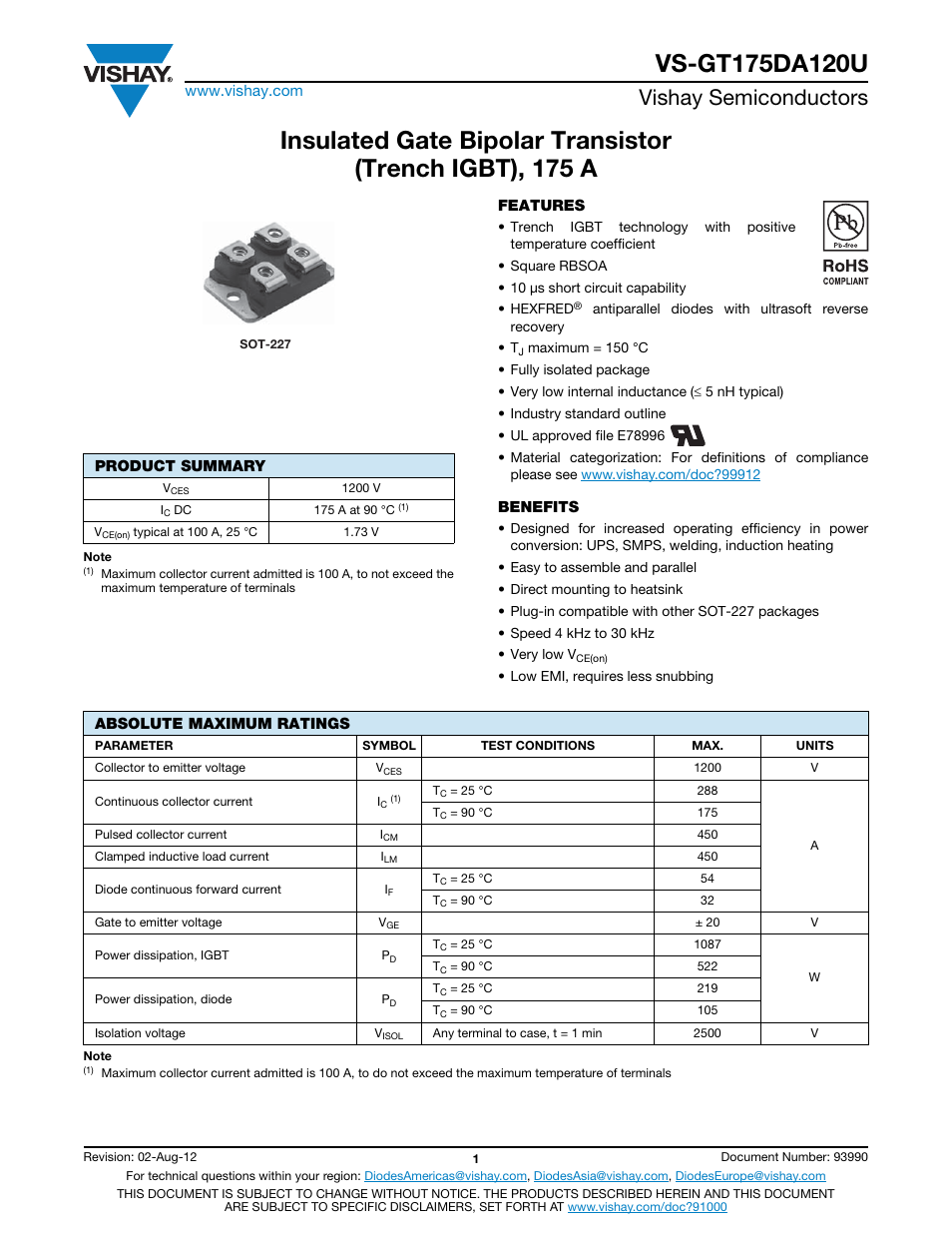 Vishay semiconductors | C&H Technology VS-GT175DA120U User Manual | Page 2 / 11