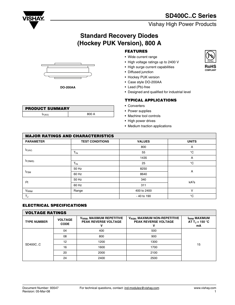 Datasheet, Vishay high power products, Rohs | C&H Technology SD400C..C Series User Manual | Page 2 / 7