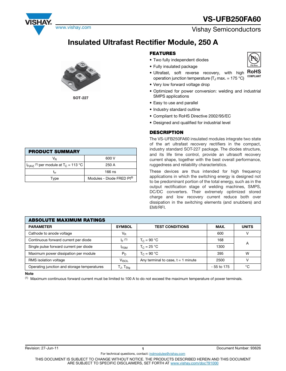 Insulated ultrafast rectifier module, 250 a, Vishay semiconductors | C&H Technology VS-UFB250FA60 User Manual | Page 2 / 8
