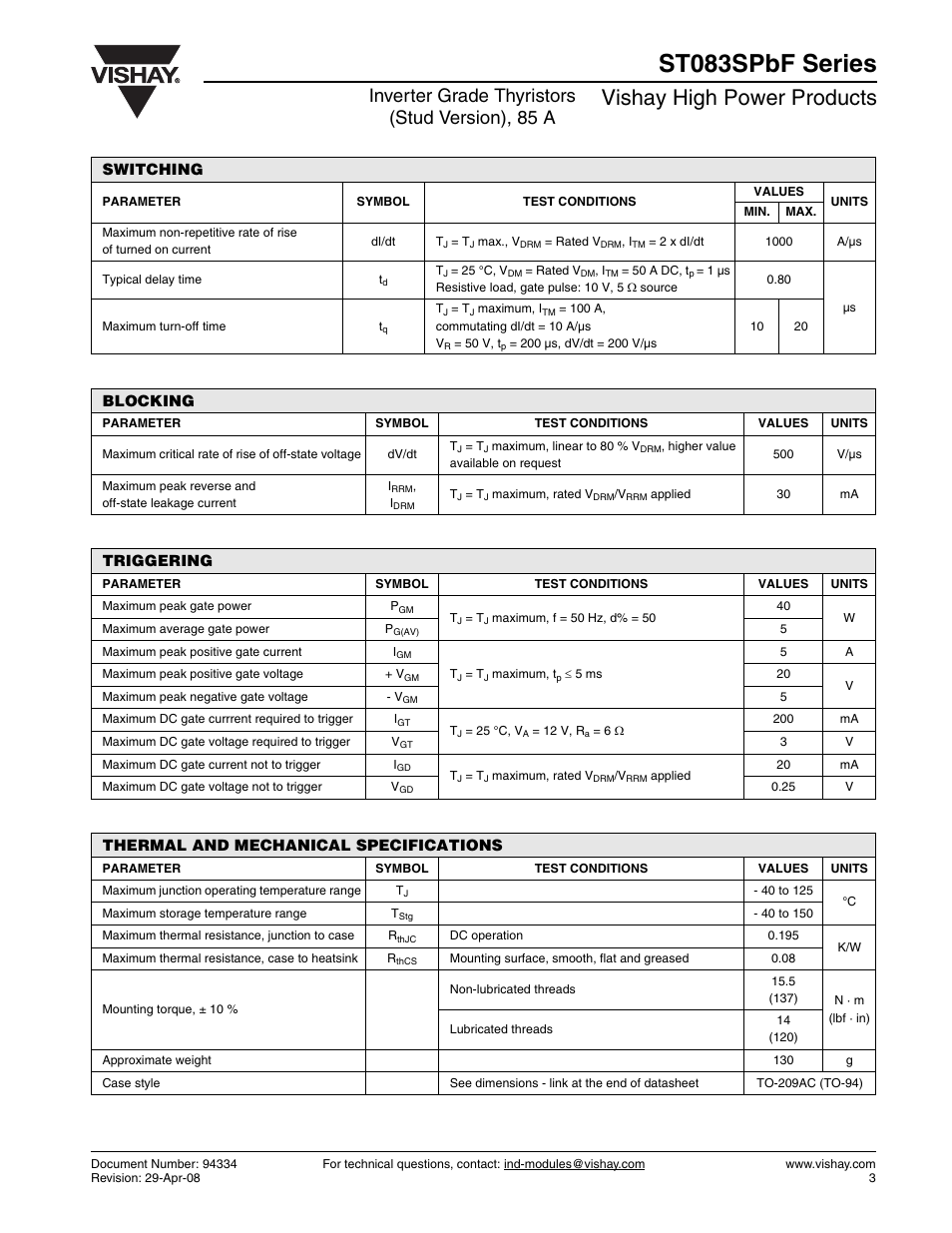 St083spbf series, Vishay high power products, Inverter grade thyristors (stud version), 85 a | Switching, Blocking, Triggering, Thermal and mechanical specifications | C&H Technology ST083SPbF Series User Manual | Page 4 / 9