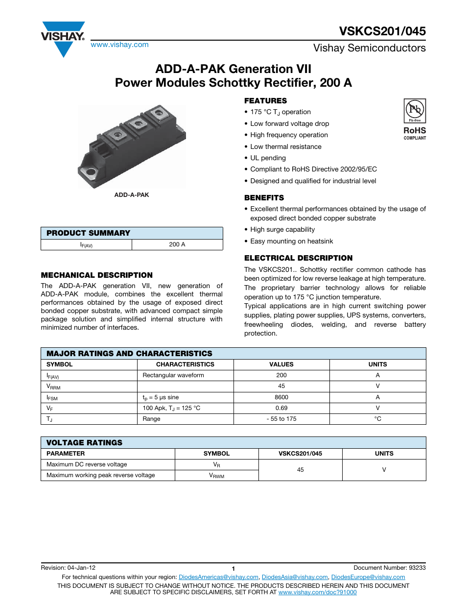 Datasheet, Vishay semiconductors | C&H Technology VSKCS201-045 User Manual | Page 2 / 10