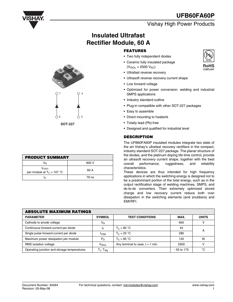 Datasheet, Vishay high power products, Rohs | C&H Technology UFB60FA60P User Manual | Page 2 / 8