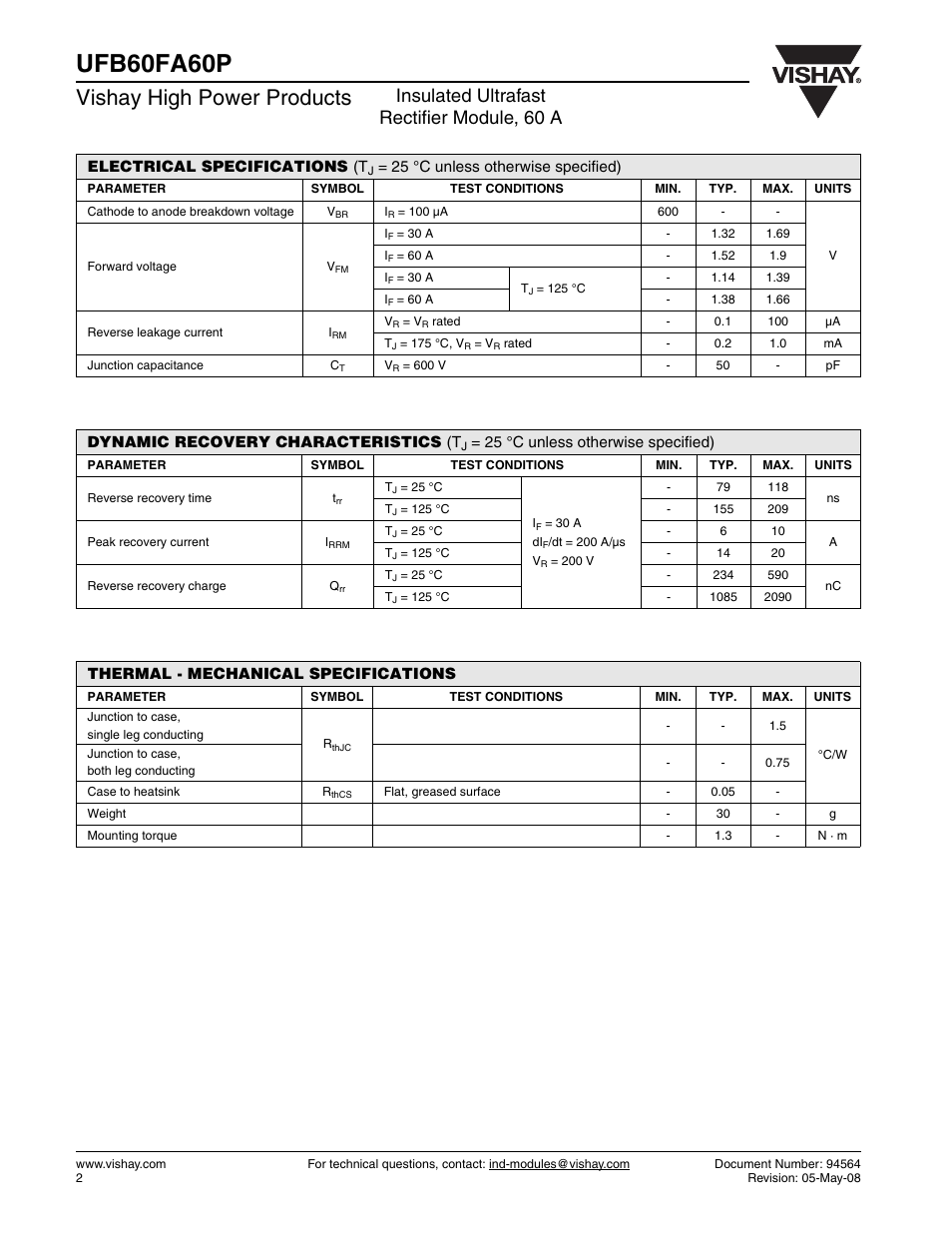 Ufb60fa60p, Vishay high power products, Insulated ultrafast rectifier module, 60 a | C&H Technology UFB60FA60P User Manual | Page 3 / 8
