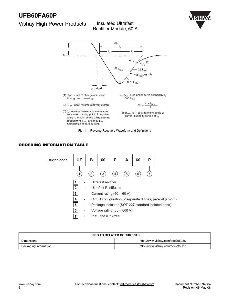 Ufb60fa60p, Vishay high power products, Insulated ultrafast rectifier module, 60 a | Uf b 60 f a 60 p, Ordering information table | C&H Technology UFB60FA60P User Manual | Page 7 / 8