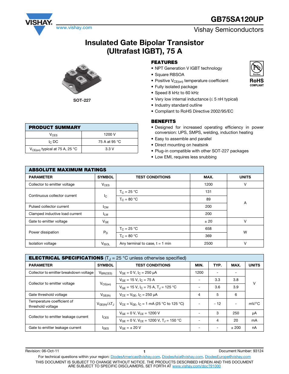 Vishay semiconductors | C&H Technology GB75SA120UP User Manual | Page 2 / 8