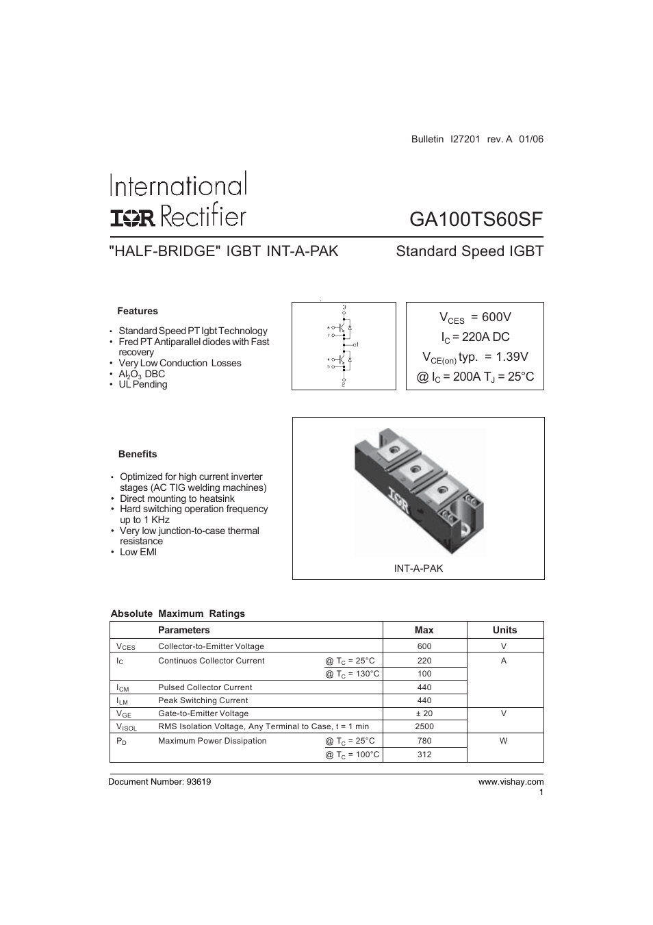 Datasheet, Half-bridge" igbt int-a-pak standard speed igbt, 600v i | 220a dc v, 39v @ i, 200a t, 25°c | C&H Technology GA100TS60SF User Manual | Page 2 / 9