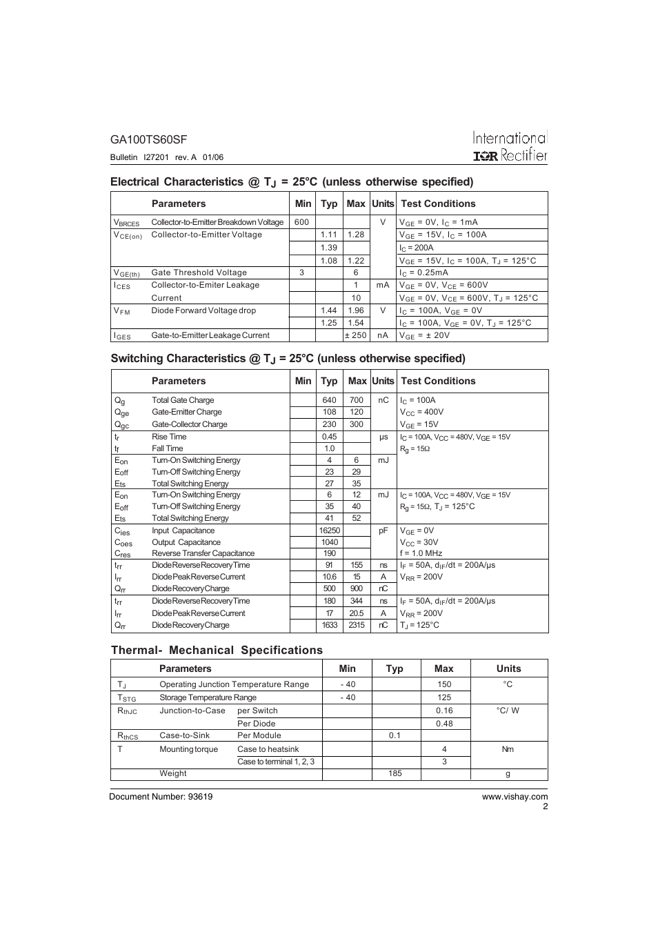 Electrical characteristics @ t, 25°c (unless otherwise specified), Switching characteristics @ t | Thermal- mechanical specifications | C&H Technology GA100TS60SF User Manual | Page 3 / 9