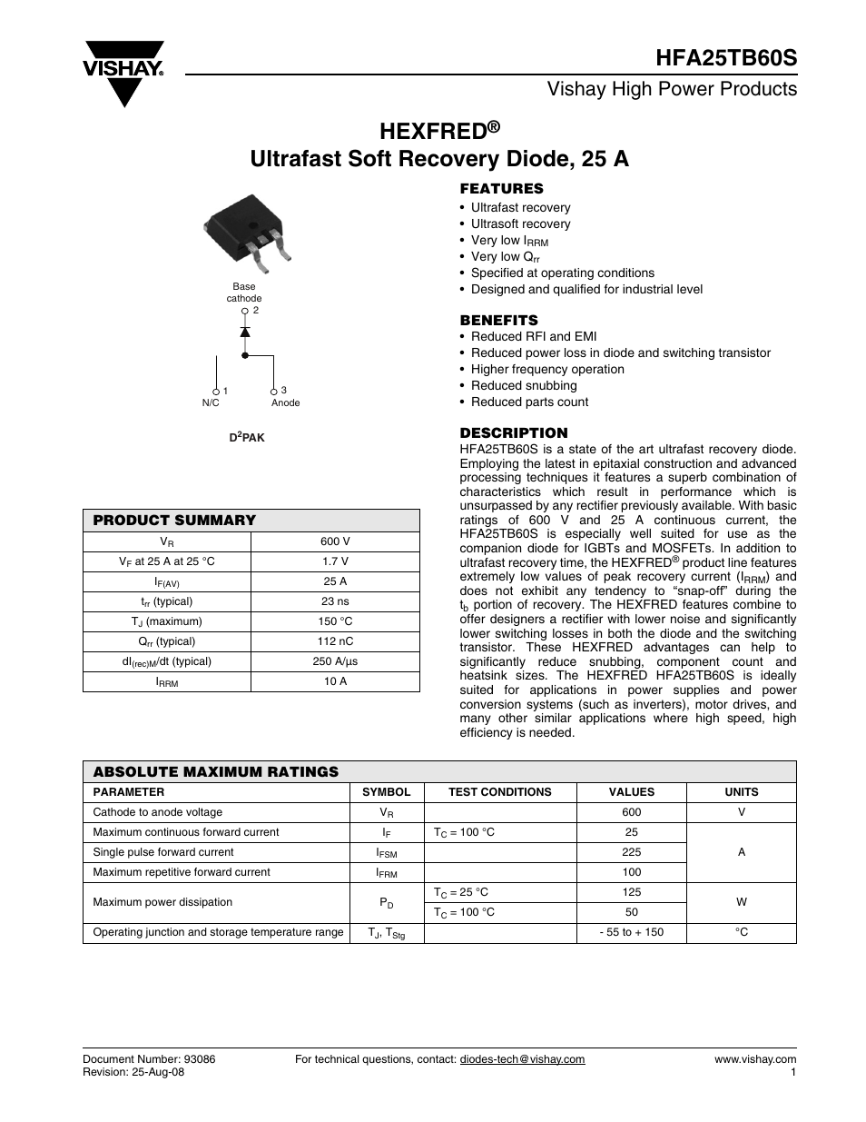 Vishay HFA25TB60S User Manual | 6 pages