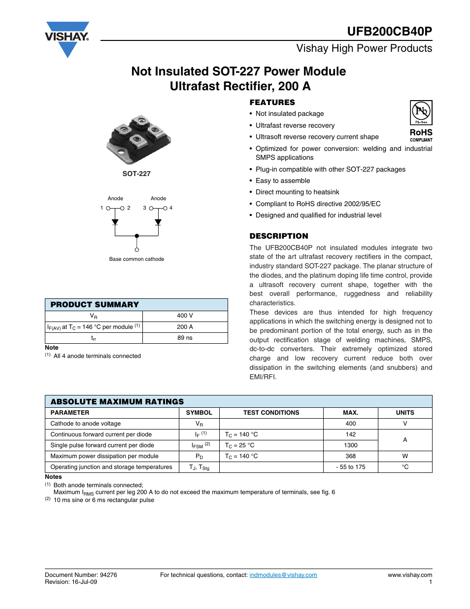 Datasheet, Vishay high power products | C&H Technology UFB200CB40P User Manual | Page 2 / 8