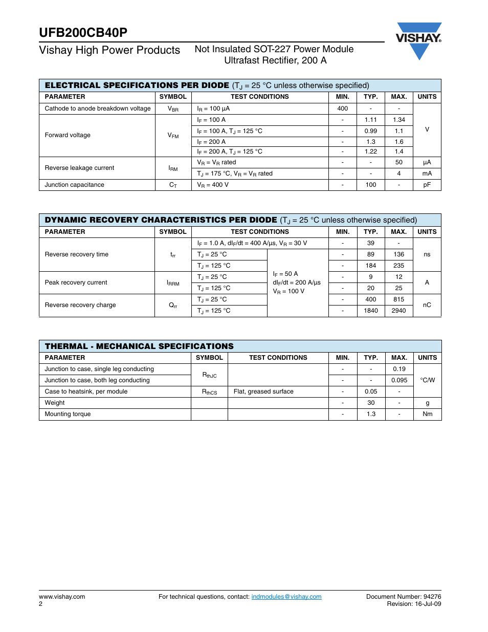 Vishay high power products | C&H Technology UFB200CB40P User Manual | Page 3 / 8