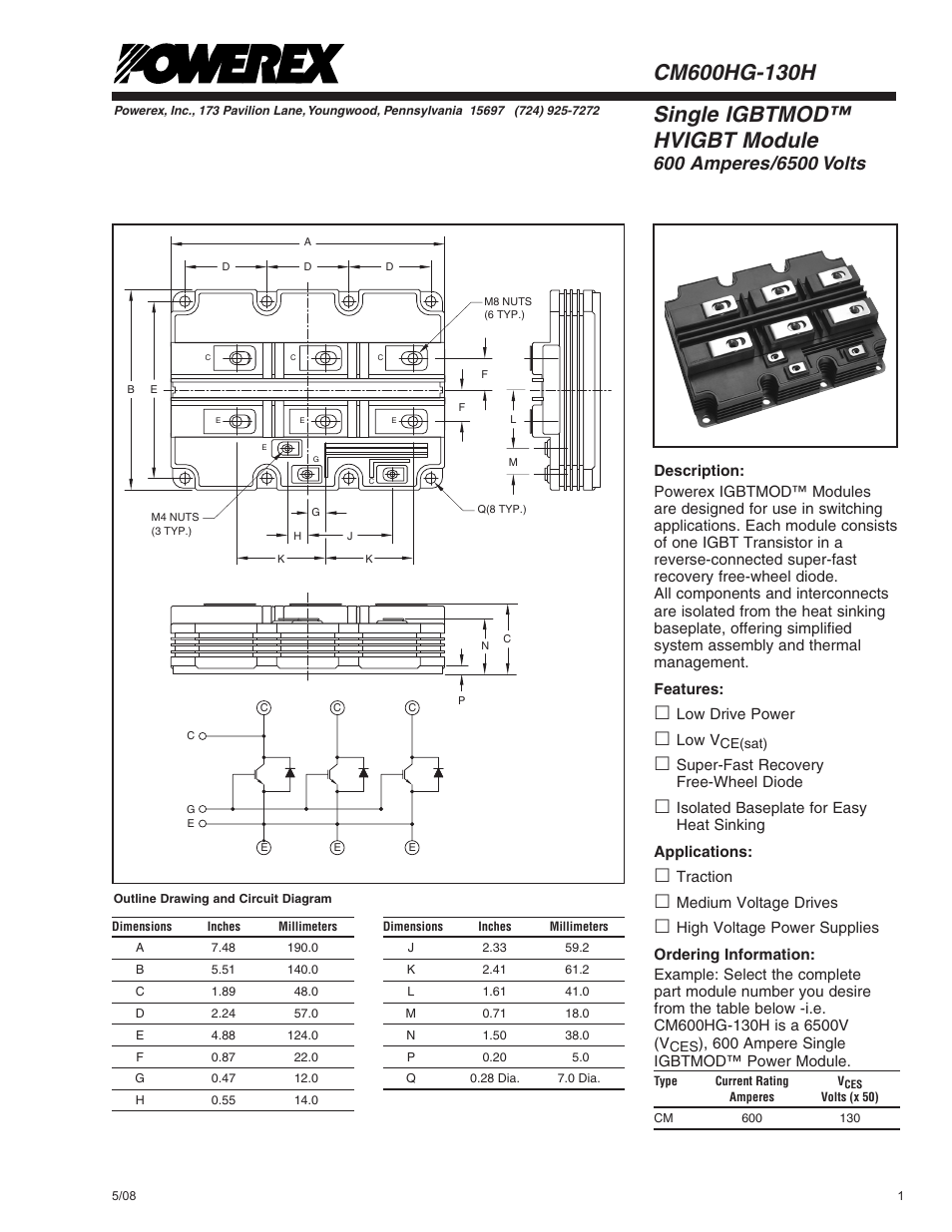 Single igbtmod™ hvigbt module | C&H Technology CM600HG-130H User Manual | Page 2 / 6