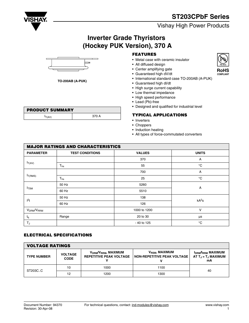 Vishay high power products, Rohs | C&H Technology ST203CPbF Series User Manual | Page 2 / 9