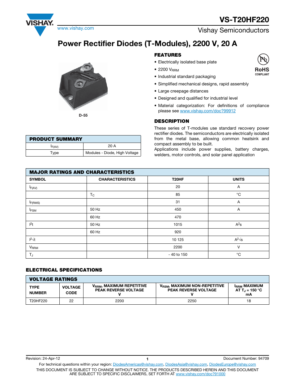Vishay semiconductors | C&H Technology VS-T20HF220 User Manual | Page 2 / 6