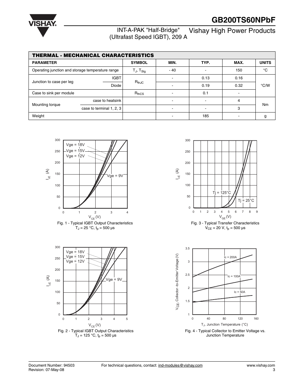 Vishay high power products, Thermal - mechanical characteristics | C&H Technology GB200TS60NPbF User Manual | Page 4 / 9