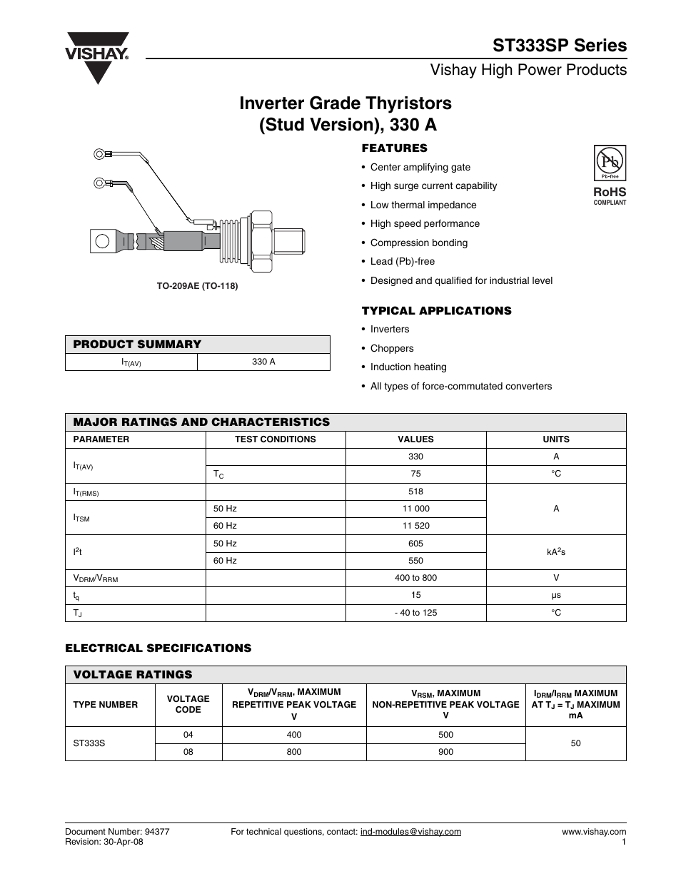 Vishay high power products, Rohs | C&H Technology ST333SP Series User Manual | Page 2 / 9