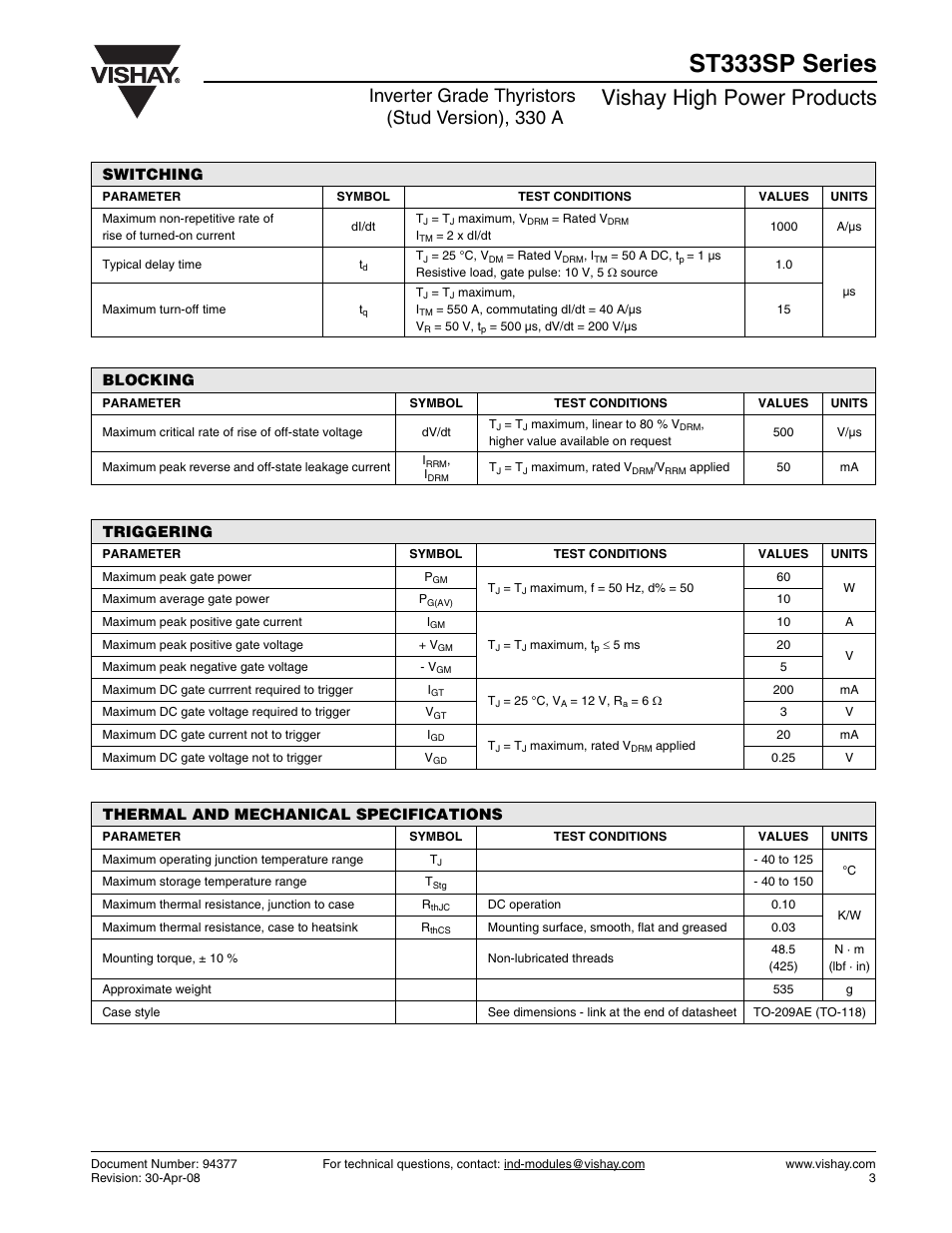 St333sp series, Vishay high power products, Inverter grade thyristors (stud version), 330 a | Switching, Blocking, Triggering, Thermal and mechanical specifications | C&H Technology ST333SP Series User Manual | Page 4 / 9