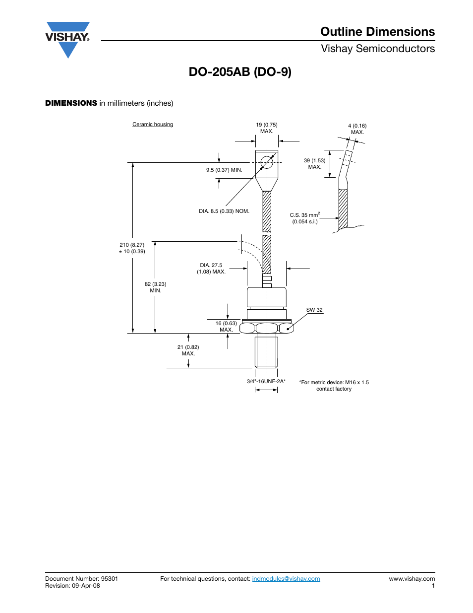 Do-205ab (do-9) outline dimensions, Vishay semiconductors | C&H Technology SD300N-R Series User Manual | Page 8 / 9